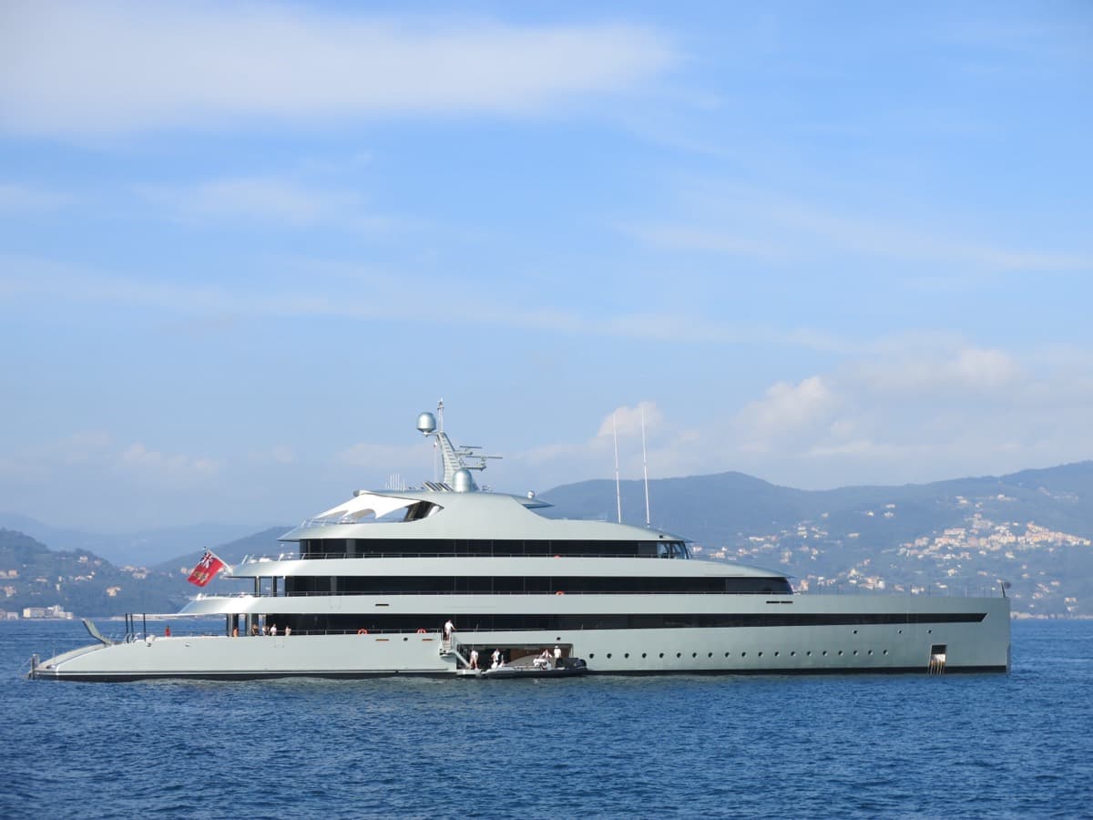 A large motor yacht lying at anchor in the Gulf of La Spezia